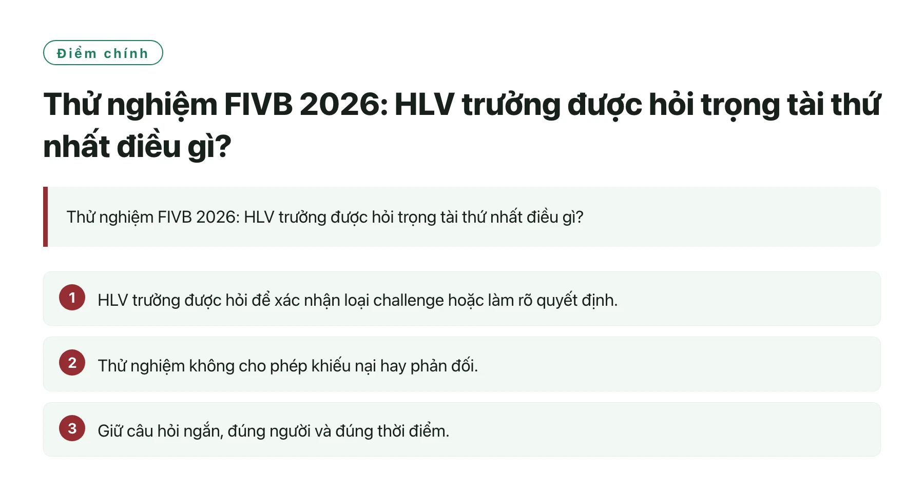 Thử nghiệm FIVB 2026: HLV trưởng được hỏi trọng tài thứ nhất điều gì?——全文要点速览